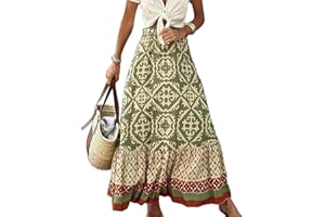 EMOTTOS Donna Boho Gonna, Lunga Stampata Alta Vita Elastica Floreale Gonna Gonne, Lunghe Estive Casual Vestito da Mare, Verde S-XL