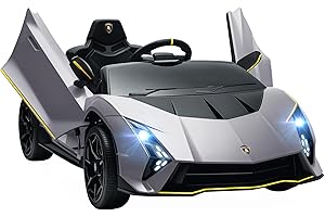 AIYAPLAY Coche Eléctrico para Niños de +3 Años Lamborghini Autentica 2 Motores Potentes Coche Eléctrico con Batería 12V Velocidad 3-5 km/h Mando a Distancia 2,4G Faros Bocina Arranque Suave y MP3 Gris