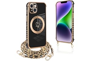 Pnakqil Funda para iPhone 14 Plus con Cuerda, Compatible con MagSafe, Magnética Silicona Love-Heart Patrón Carcasa con Cadena de Metal para Colgar Collar para iPhone 14Plus, Correa Colgante- Negro oro