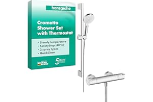 HANSGROHE hangrohe Crometta - Set de douche, Ensemble de douche avec mitigeur thermostatique, douchette, barre de douche 65cm, support de douche et flexible de douche 160cm , Blanc/chromé, 27812400