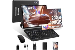 YESTEL Tablette Android 14 avec 5G Wi-FI 6, 20 GO RAM+128 GO ROM (Extensible Jusqu'à 1 to), Tablette Tactile avec Widevine L1, 8 Cœurs, 5MP+8MP, Tablette 10 Pouces avec Clavier+Souris et Cas, Noir