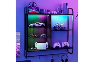 YOURLITE 4 Tier Floating Shelves LED Wall Mounted Shelf with Adjustable Glass Shelf Pipe Shelves Hanging Display Rack Bookshelf with 6 S Hooks for Living Room Bedroom Gaming Room Bar, Carbon Fiber