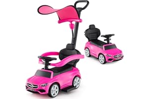 GOPLUS Samochód przesuwny 3 w 1, samochód zjeżdżalny Mercedes-Benz z regulowanym daszkiem i miejscem do przechowywania pod siedzeniem, pojazd ślizgowy z realistycznymi dźwiękami dla dzieci w wieku