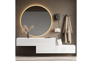 ‎PLANETMÖBEL Planetmöbel Flurgarderobe 2X 160 cm inkl. Spiegel rund mit Beleuchtung 100 cm, Weiß, Flur Möbel mit Spiegel, 2X 37,8T x 160B x 32,5H cm