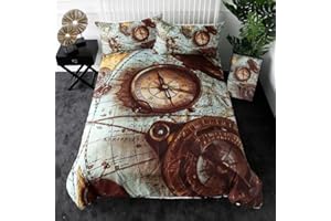 HOMEWISH Juego Ropa Cama decoración náutica, tamaño Individual, brújula con temática oceánica, Funda edredón Estilo Retro exótico, Funda edredón Suave, decoración brújula para Adultos, Adolescentes y niños