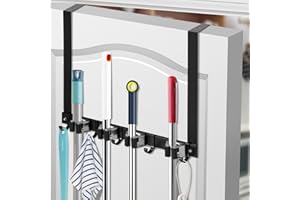 SLIIMU Broom Holder Over the Door, Device Holder, Aluminium, Broom Mop Holder, Wall Mount, Tool Holder Organiser with 5 Holders and 4 Hooks for Home, Kitchen, Bathroom, Garage, Garden