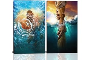 DONAHUE ART 2 Stück gerahmte JesusWandkunst, Die Hand Gottes Jesus Reaching Into Water Christus Religion Leinwand Wanddekoration Blau Ozean Bibel Bilder Poster Drucke Gemälde für Wohnzimmer Schlafzimmer Kirche