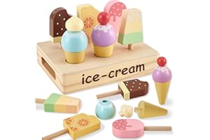 HERSITY Wooden Ice Cream Toys for Kids, Ice Lolly Stand Ice Cream Parlour Toy Set Pretend Play Food Kitchen Playset Accessories for 3 4 5 Years Old Kids Boys Girls Toddler