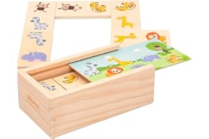 WOOMAX 46461 - Dominó Infantil animalitos de la Selva - Juguetes educativos niños - Incluye 30 Piezas Fabricado en Madera Natural y sostenible - Juegos de Mesa