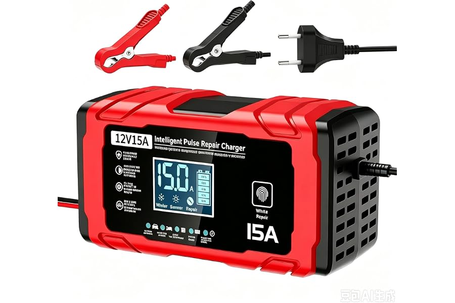 Cargador Baterias Coche 12V 15A, Inteligente Arrancador Cargador Bateria | Función de Reparación, Pantalla LCD, Carga Rá