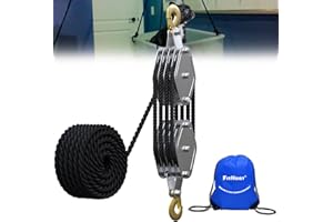 FITHOIST Block and Tackle, 4400 LBS Breaking Strength Heavy Duty Pulley, 65 Ft 3/8" Rope Pulley, 7:1 Lifting Power Pulley System, Pulley Hoist for Animal Husbandry, Warehouses, Constructions (Black)