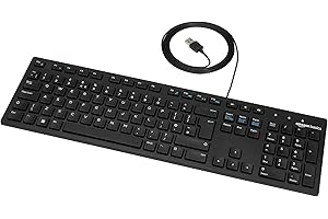 Amazon Basics Full size Wired Keyboard Compatible with Laptop PC Tablet, USB Plug-and-Play, QWERTY UK Layout, Matt Black