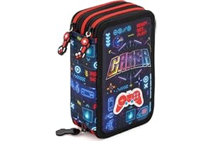 Julian Ross Plumier Triple 45 Piezas Gamer – Estuche Escolar Completo con Bolígrafos Gel Borrables, Lápices 4.0 mm, Rotuladores, Tijeras, Pegamento – Ideal Primaria y Regalo Negro y Rojo