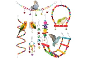 Pethee 8 Pack Budgie Toys Bird Toys Set Bird Swing Chew Toys Bells Hanging Mirror Climbing Ladders Wooden Chewing Toy for Parrot Conure Cockatiel Lovebird Parrotlet