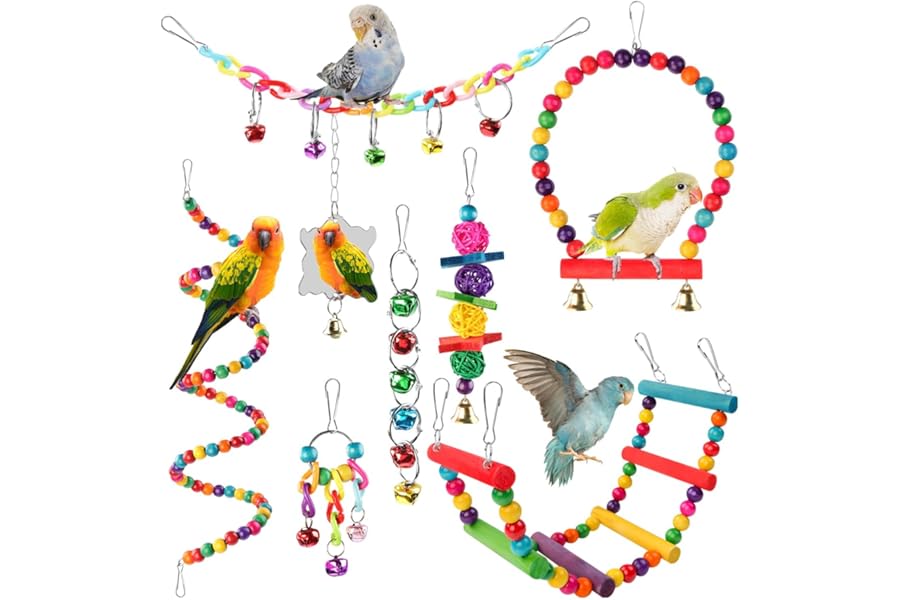 Pethee 8 Pack Budgie Toys Bird Toys Set Bird Swing Chew Toys Bells Hanging Mirror Climbing Ladders Wooden Chewing Toy for Parrot Conure Cockatiel Lovebird Parrotlet
