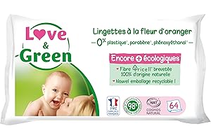 Love & Green Lingettes à la Fleur d'Oranger Saines et Ecologiques - Paquet de 64 Lingettes - Certifiée Cosmo Natural par ECOCERT et FSC - Emballage recyclable