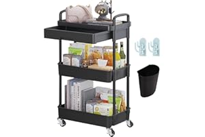 Wuciray Beauty Trolley on Wheels 3 Tier Storage Trolley with Drawer Plastic Beauty Trolleys Rolling Utility Cart for Home Kitchen Bathroom Laundry Office Black Storage Trolleys on Wheels Utility Cart