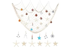 DETENE Red Pesca Decoracion con Conchas 2M*1.5M Red de Peces Decoración de Pared Beige Red De Pesca con Conchas para la Decoración de Fiestas Náuticas Decoración de Paredes Familiare