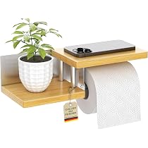 Porte-papier Toilette Mural En Bambou Et Métal - Avec 2 Plateaux - Fixation Avec Ou Sans Perçage - Noir