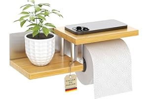 ElbFuchs® Porte Papier Toilette Mural en Bois de Bambou [sans PERCAGE] | Derouleur Papier Toilette de Haute qualité avec étagères | Acier Inoxydable | Porte Rouleaux de Papier Toilette