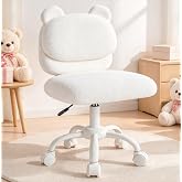 Marsail Teddy Fabric Dressing Table, Armless Office Chair, Cream White | Girls Armless Chair Bear Back Wide Seat Soft Wheels