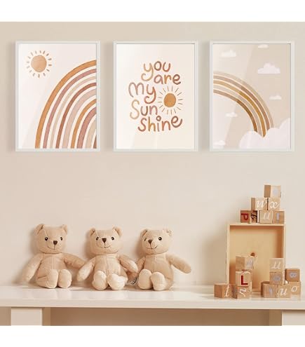 Ueiwffzo Set Di 3 Poster Con Cornice In Legno Formato A4, Tema Arcobaleno E Margherite Rosa, Decorazione Cameretta Bambini, Blu