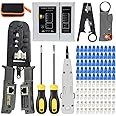 MAYLINE RJ45 Crimp Tool Kit, Cable Tester Cat5 Cat5e Cat6 Crimping Cutter Tool for RJ45/RJ12 Regular and End-Pass-Through Crimper with Connectors&Covers with Network Wire Stripper(Grey)