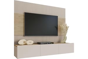 Mirjan24 Wohnwand Deromi, Anbauwand mit Wandpaneele und TV-Lowboard, Akustikplatten, Fernsehschrank, Schrankwand, Mediawand, TV-Lowboard (Sandbeige + Eiche Cremona, ohne Hängeregal)