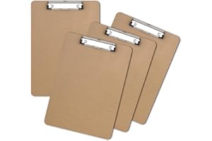 ZCZN Portapapeles con Pinza A4, Pack de 4 Clipboard Madera Rígido A4 con Clip de Perfil Bajo y Agujero para Colgar Retráctil