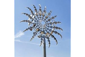 MUNCHIN Mulino a vento in metallo unico e magico, 3D, a vento cinetico, da giardino, in metallo, antiruggine, per terrazze, prato e giardino, colore: argento