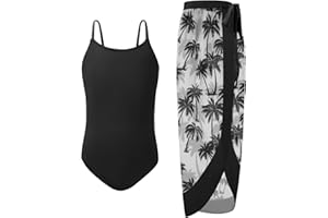 Naiyafly Girls One Piece Swimsuit with Cover Up Wrap Skirt Set Tropical Sequin Girls Swimsuit Cool Printed Bathing Suit Girls Beach Swimwear 9-14 Years