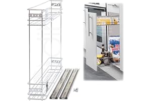 Dihl Pull Out Wire Basket Kitchen Larder, For 150mm Wide Carcass Base Unit, Double Layered Cabinet Cupboard Drawer Storage, Silver, Stainless Steel