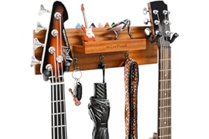 HILERPUNK Support mural pour guitare,support mural pour guitare en bois massif avec 3 crochets de rangement et 2 crochets rotatifs en caoutchouc,support pour guitare,avec étagère et support pour médiator.