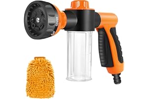 YIBANG Garden Hose Spray Gun, Orange Adjustable Foam Spray Gun with Soap Dispenser, 8 Patterns High-Pressure Sprayer with Reservoir for Watering Car Washing Pet Bathing Fertiliser Lawn/Garden