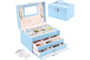 CASIWAFT Jewellery Box Organiser, 3 Layers PU Leather Jewelry Storage Case with Mirror and Lock, Lockable Jewellery Organiser with 2 Drawers for Rings, Bracelets, Earrings, Sky Blue