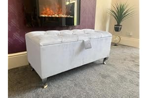 SK LUXURY LIVING Ottoman Storage Box - Engineered Wood Fabric Buttons Luxurious Plush Velvet Ottoman Storage Bench, Perfectly Designed Ottoman for Bedroom Storage (White Plush, Legs)