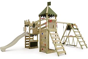 Fatmoose Aire de Jeux Château Fort RiverRun Royal XXL avec SurfSwing, balançoire & Toboggan Vert Sauge, extérieur Enfants Tour d'escalade avec bac à Sable échelle & Accessoires de Jeux