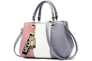 DIRRONA Moda Bolsos de Mujer Diseño de Bloques de Colores Bolso Hombro Casual Viaje Bolsa de Mensajero Impermeable PU Cuero Negocio Escuela Mujer Bolsos de Mano con Colgante Gris A