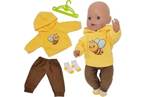 ORIZIZHIC Baby Puppen Puppenkleidung 35-43 cm, 4 Stück Kleidung für 14-18 Zoll Baby Puppen, 1 Biene Hoodie 1 Braun Hose 1 Paar Socken 1 Hänger Süße Cartoon Puppenkleidung Geschenke für Kinder Mädchen Jungen