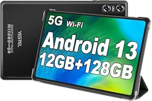 YESTEL Tablet 10 Pulgadas Android 13 con 12 GB RAM 128 GB ROM (1TB TF), GPS, 5G+2.4G Wi-Fi, 2.0 GHz, BT 5.0, 5 MP + 8 MP, Tablet con Funda, Negro