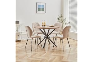 DEYARNA HOME Set Sala da Pranzo, Tavolo da Pranzo Rotondo da 100 cm con 4 Sedie da Pranzo in Tessuto di Lino， Ideale per Cucina, Soggiorno, Sala da Pranzo (Legno Scuro+LX-Kaki)
