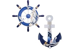 ALUYF 2 Stück Steuerrad Holz Anker Dekoration Wand Deko Maritime Hängende für Mediterrane, Nautische Räume, Party-Dekoration,an Der Wand Montiert