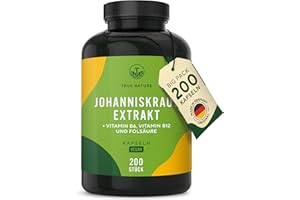 ‎TRUE NATURE Johanniskraut Kapseln hochdosiert - 200 Kapseln mit Vit. B6 (trägt zu einer normalen psychischen Funktion bei) sowie Folsäure & B12 - natürliches Hypericin & Hyperforin - Made in Germany - TRUE NATURE