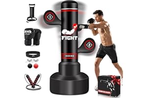 NZQXJXZ Sac de Frappe Adulte, 180cm Sac de Boxe Autoportant avec Gants de Boxe, Pompe, Corde à Sauter et Balle de Réflexe, Sac de Frappe Gonflable pour Hommes pour Entraînement Muay Thai MMA Fitness