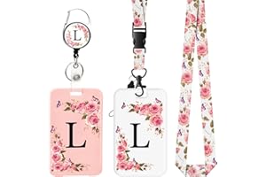 FIDWALL 2 pièces Porte Badge avec Lettres A-Z, Lanière Détachable et Clip Rétractable, Porte Cartes Personnalisé avec Enrouleurs de Badge pour Femmes Infirmières Enseignants Étudiants Bureau (L)