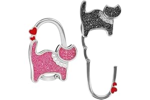 QOWRKRQ YAKLEE 2 Pezzi Gancio Borsa da Tavolo Pieghevole Appendi Borsa Portatile in Alluminio Max 5 kg- Forma di Gatto Nero & Rosa