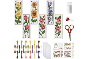FREEBLOSS Juego de 6 kits de punto de cruz con instrucciones - Juego de aguja perforadora de patrón de 6 flores para principiantes - Kit de fabricación de marcapáginas para regalo