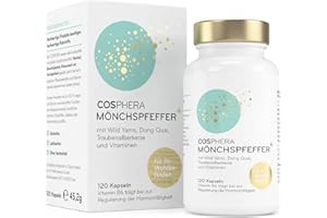 ‎COSPHERA Mönchspfeffer Kapseln hochdosiert (120 Kapseln) - 100 mg je Tagesdosis - angereichert mit Wild Yams, Dong Quai, Traubensilberkerze, Vitamin C, B6, B12 und Eisen - Original Vitex Agnus Castus - Vegan