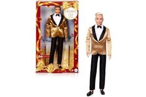 Barbie Signature - Ken Magia delle Feste 2025, bambola da collezione con tuta elegante e giacca dorata, confezione da esporre, regalo per le feste, giocattolo per bambini, 6+ anni, JGK55