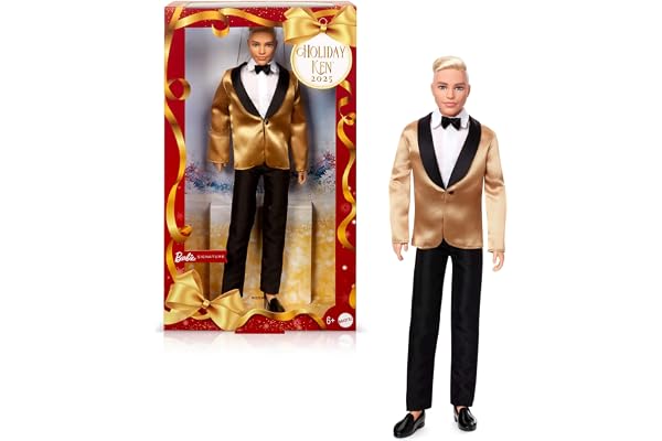 Barbie Poupée Signature Ken Joyeux Noël 2025 de Collection Portant Un Costume et Une Veste dorée dans Un Emballage de présentation avec Socle pour poupée, JGK55
